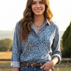 Liz Claiborne $59 XL Blue Green White Floral 100% Cotton Oxford Button Up Blouse